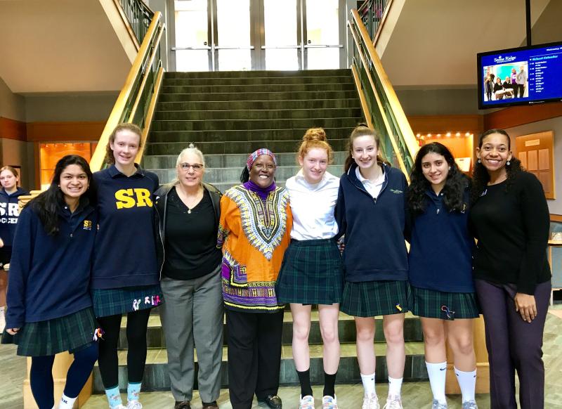 Left to right: Hannah Joseph ('19); Ele Grenfell ('19); Miss Paula Macchello; Irma Dillard, RSCJ; Claire Nickerson ('21); Kayla Kinkaid ('20); Sofia Morra ('21); and Miss Lauren Brownlee. The students are members of the Social Action Student Advisory Board. Left to right: Hannah Joseph ('19); Ele Grenfell ('19); Miss Paula Macchello; Irma Dillard, RSCJ; Claire Nickerson ('21); Kayla Kinkaid ('20); Sofia Morra ('21); and Miss Lauren Brownlee. The students are members of the Social Action Student Advisory Board.