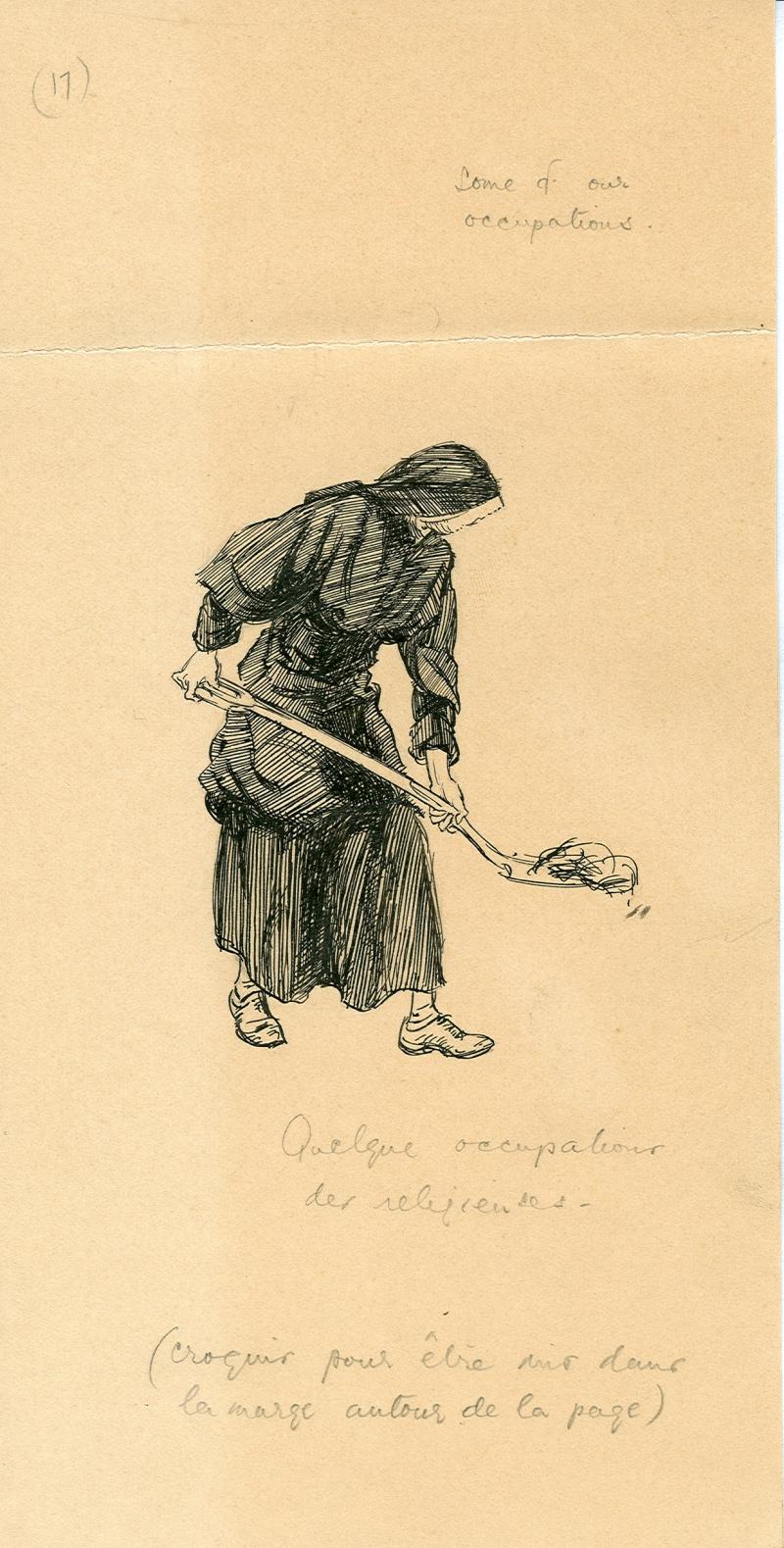 Mother Philippine Duchesne at work in her garden. Drawing by "Robin." Mother Philippine Duchesne at work in her garden